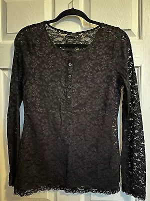 Moda International Black Lace Henley Large L 8 10 12 14 • $8.99