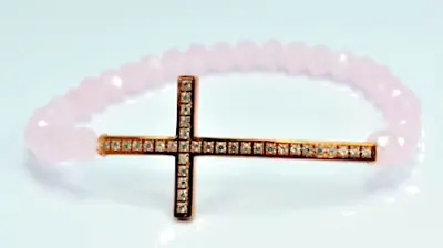 NOS Steel By Design  Horizontal Cross  Pink Bead Stretch Bracelet - Crystals • $11