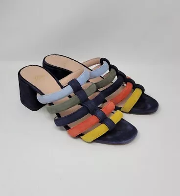 J. Crew Women Size 8.5 Strappy Penny Slide Heel Sandals In Multicolored Suede • $27.95
