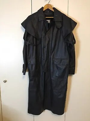 Vintage Leather Black Duster Leather Long Jacket Trenchcoat Mens Large Lined • $139.95