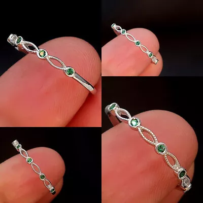 925 Silver Dainty Ring Emerald Solitaire  Eternity Filigree Statement Band • £10