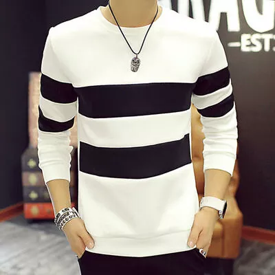 Men's Long Sleeve Crew Neck T-Shirt Striped Casual Pullover Stylish Tees Tops • $20.89