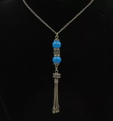 925 Sterling Silver  - Vintage Turquoise Spheres Dangling Chain Necklace- NE3283 • $75.05