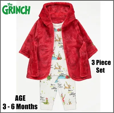 Babies 3 - 6 Months The Grinch 3 Piece Sleep Set Baby Pyjamas & Dressing Gown • £12.99