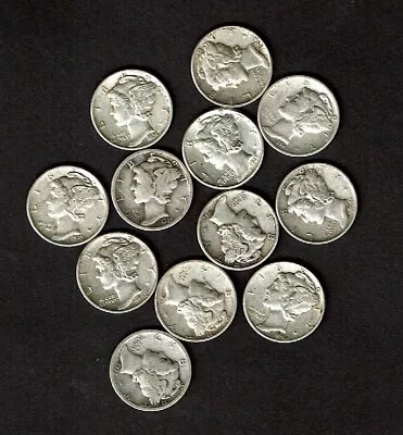 1923- U.S. MERCURY SILVER DIMES LOT OF 12  Circ-XF+  .900 Fine Silver  See Note • $21