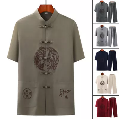 Mens Traditional Chinese Tang Suit Uniform T-shirt Kung Fu Suit Dragon Embroidey • $18.99