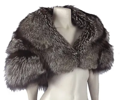 Silver FOX Fur Cape Brown Bridal Party Stole Black Wedding Coat Jacket • $617.50
