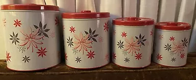 Rare Vintage Decoware Metal Nesting Kitchen Canister 4pc Set Floral Flowers Weed • $59.95