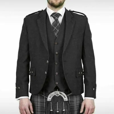 £99 • Buy CLEARANCE Scottish Argyle Kilt Jacket & Vest Charcoal Grey Wool Men's Wedding