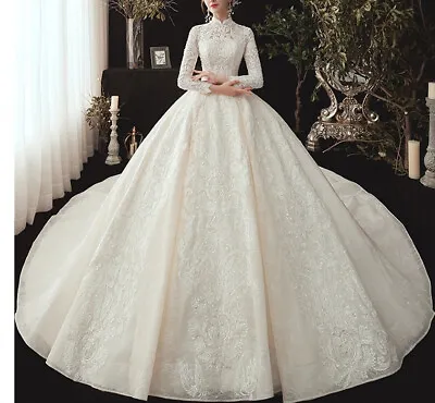 Muslim Dubai Wedding Dresses Long Sleeve Crystal Lace Appliques Ball Gowns Train • $158.90
