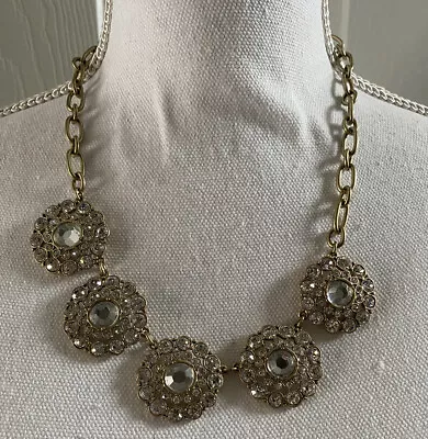 J CREW Round Crystal Rhinestone Flower Necklace Gold Tone Chunky Statement 21” • $15.95