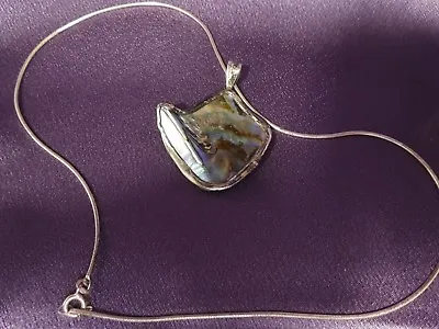 Large Sterling Silver Free Form Abstract Modern Abalone Shell Pendant W/ Chain • $35