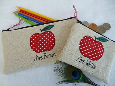 £14.49 • Buy Personalised Teacher Purse Or Pencil Case, Red Apple On Linen Choice Of Wording