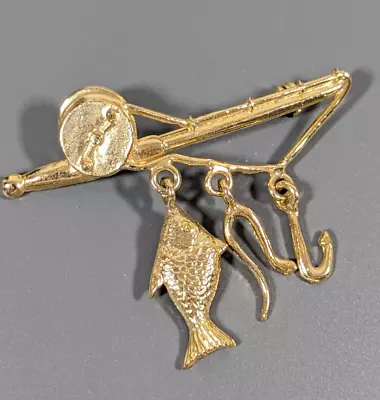 Vintage Gold Tone Fishing Rod Reel Fish Hook Worm Charm Pin Brooch • $9.09