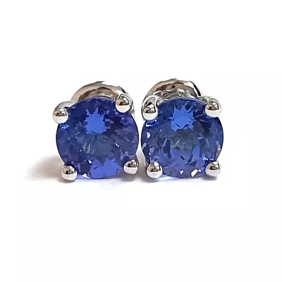 3.00 Carat Natural Round Tanzanite Stud Earring In 18k White Gold For Women • £799