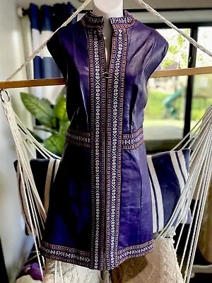 Vintage 60s 70s Purple Leather Mini Dress Hippie Embroidered Boho Trim GROOVY • $117.50