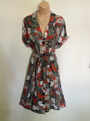 £7.99 • Buy PEACOCKS UK 16 Green Orange Mix Tropical Print Button Through Belted Midi Dress 