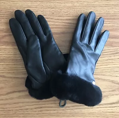 UGG Black SHORTY Shearling Trim Leather Wool-Cashmere Lined Gloves - Size L NWOT • $54.99