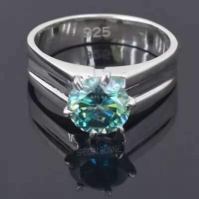 Designer 2.15Ct Certified Round Cut Blue Diamond Men's Ring925 Silver • $70