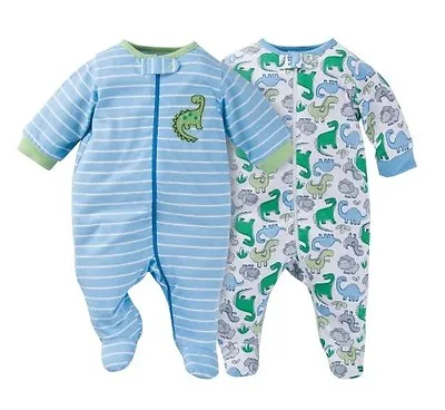 Gerber Boy 2-Pk Blue W/ Dinosaurs Zip Front Sleep N Plays Size 0-3M BABY CLOTHES • $12.99