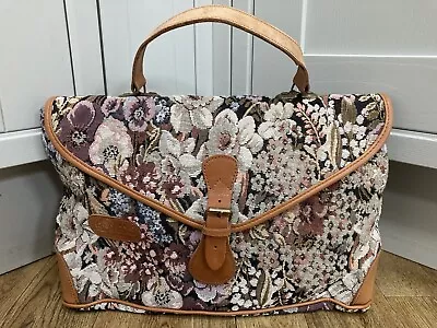 Vintage Leopardi’s Carpet Bag Floral Tapestry Handbag Shoulder Bag Leather 15” • £18.99