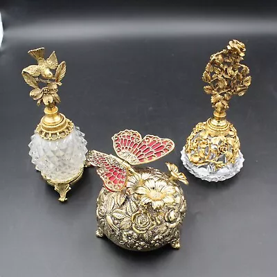 3 Vintage Gold Tone Ornate Musical Figurine And Filigree Perfume Bottles • $199