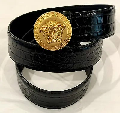 Versace Men's Gold Medusa Greek Key Snake Embossed Black Leather Belt Size 40 • $325