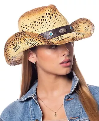 Cowboy Hat Straw Blue Turquoise Stones Vintage Leather Western Concert Unisex • $34.81