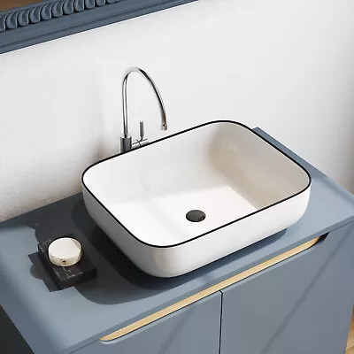 £49.95 • Buy Bathroom Counter Top Ceramic White Black Striped Basin Cloakroom Gloss Wash Sink