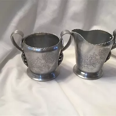 Vintage Sugar Bowl Creamer Peweter Hammered Metal Etched Floral Flowers Silver • $14.90