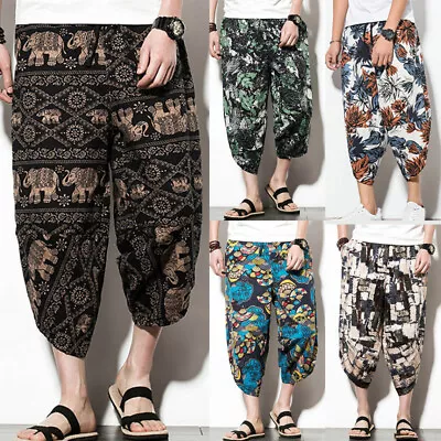 Summer Men Cotton Blended Floral Trousers Baggy Hippy Boho Yoga Harem Pants • $13.78