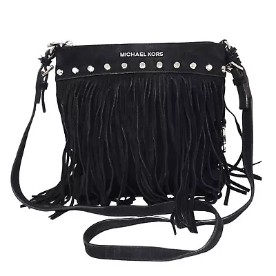 Michael Kors Womens Purse Billy Crossbody Black Suede Leather Fringe Studded Bag • $65