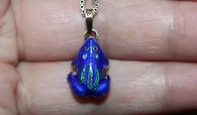 Vintage Chinese Blue Enamel Guilloche Sterling Silver Frog Pendant Necklace • $33.99