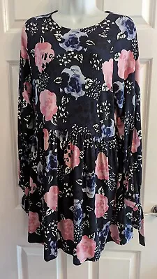 NWOT Monki Blue/Floral Dropped Waist Dress Small. Long Sleeves With Tie Cuffs.  • $8.84