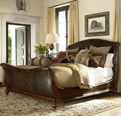 $4500 • Buy Thomasville Furniture Ernest Hemingway Leather Sleigh Queen Bed, Bedroom