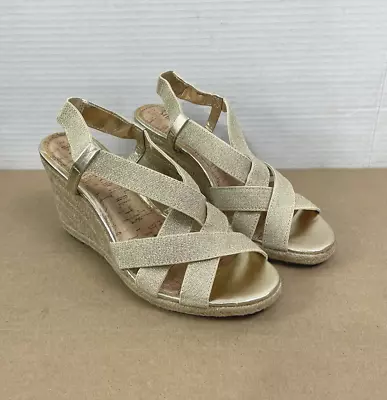 MERONA Womens 6.5M Gold Wedge Heels Sandal Strappy Shoes Espadrilles Slingback • $22.50