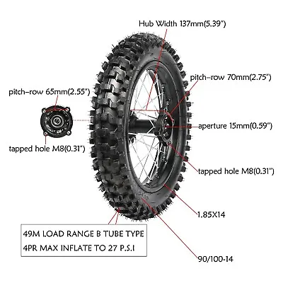 $119.99 • Buy 90/100-14 Rear Wheel Rim Tire For Pit Dirt Bike Taotao Coolster Kx65 CR85 YZ85