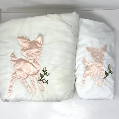 Vintage Stevens White Satin Baby Quilt And Crib Sheet Pink Satin Deer RARE • $72