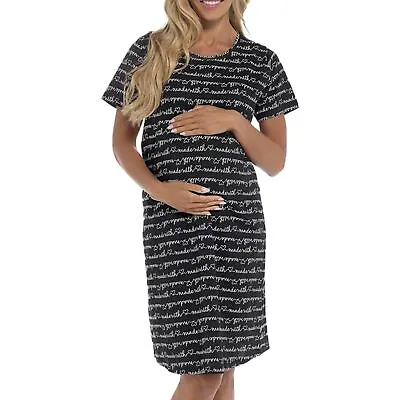 Ladies Maternity Nightie Made With Heart Short Sleeves Pregnancy Black Sleepwear • $12.44