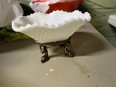 Vintage Milk Glass Candy Dish  Compote Bowl  Trinket With Brass Footed Stand • $20