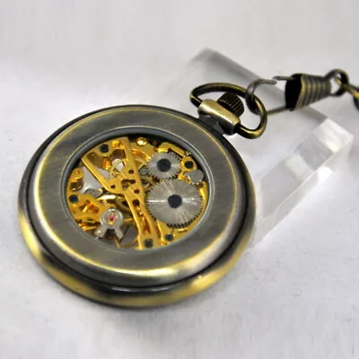 Steampunk Mens Mechanical Skeleton Luxurious Retro Pocket Watch With Chain • £17.39