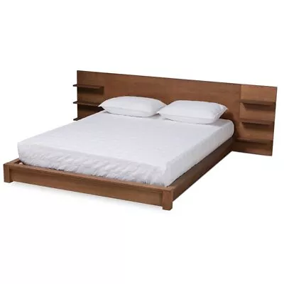 Baxton Studio Elina Walnut Brown Finished Wood King Size Bed With Shelves • $576.39