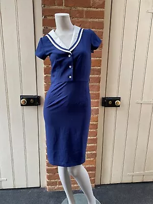 Hell Bunny Vixen Navy Blue Nautical Dress Sailor Collar Small • £25