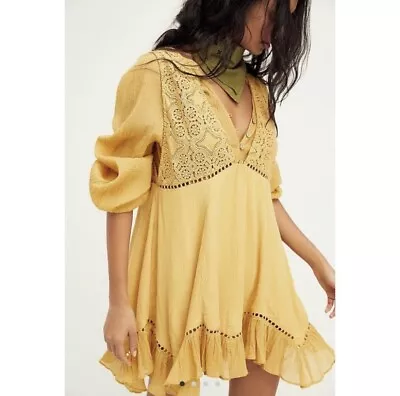 Free People Latter Lace Crochet Yellow Boho Dress • $55