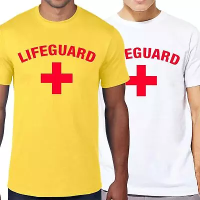 Mens LIFEGUARD T-Shirt Beach Party Baywatch Fancy Dress Cotton Yellow Tee Top • £7.99