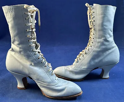 $239.99 • Buy Victorian Wm Hahn & Co Shoes Rare Baby Blue Kid Leather High Top Lace-up Boots