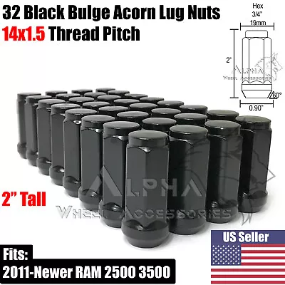 32Pc Black Bulge Acorn Lug Nuts M14x1.5 XL 2  Tall For Ram 2500 3500 Heavy Duty • $28.95