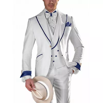 Men White Suit Blue Rim Stage Formal Party Prom Groom Tuxedo Wedding Custom • $97.20