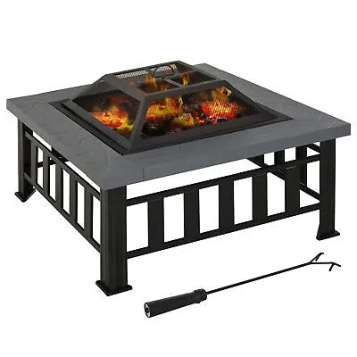 Outsunny Fire Pit Heater Square Table Patio Backyard Metal Black φ86cm Outdoor • £76.99