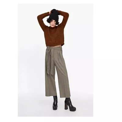 Zara Brown Medium Houndstooth Plaid Tie Waist Wide Leg Trouser Culottes Pants • $25